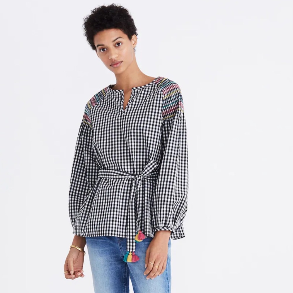 Madewell Smocked Gingham Peasant  Top